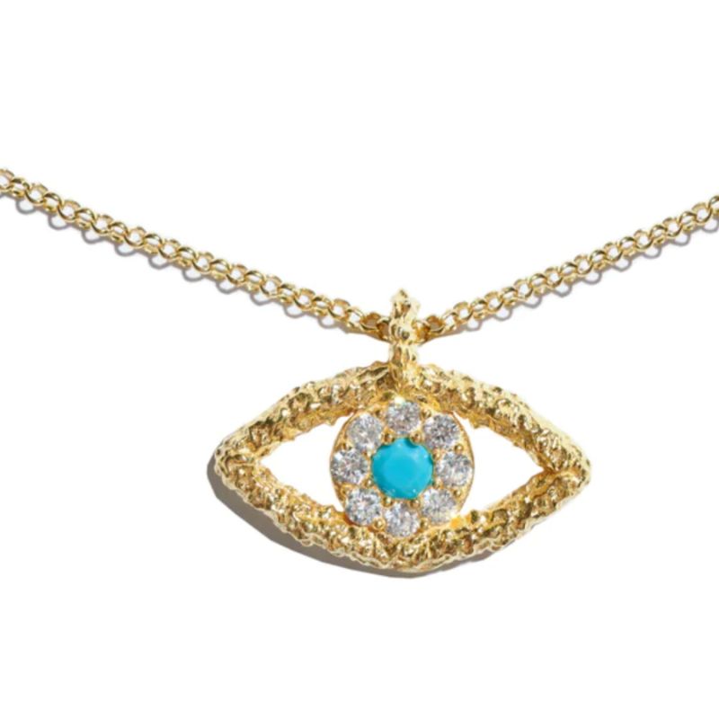 Sterling Silver Gold Plated Turquoise Hammered Evil Eye Nazar Necklace image