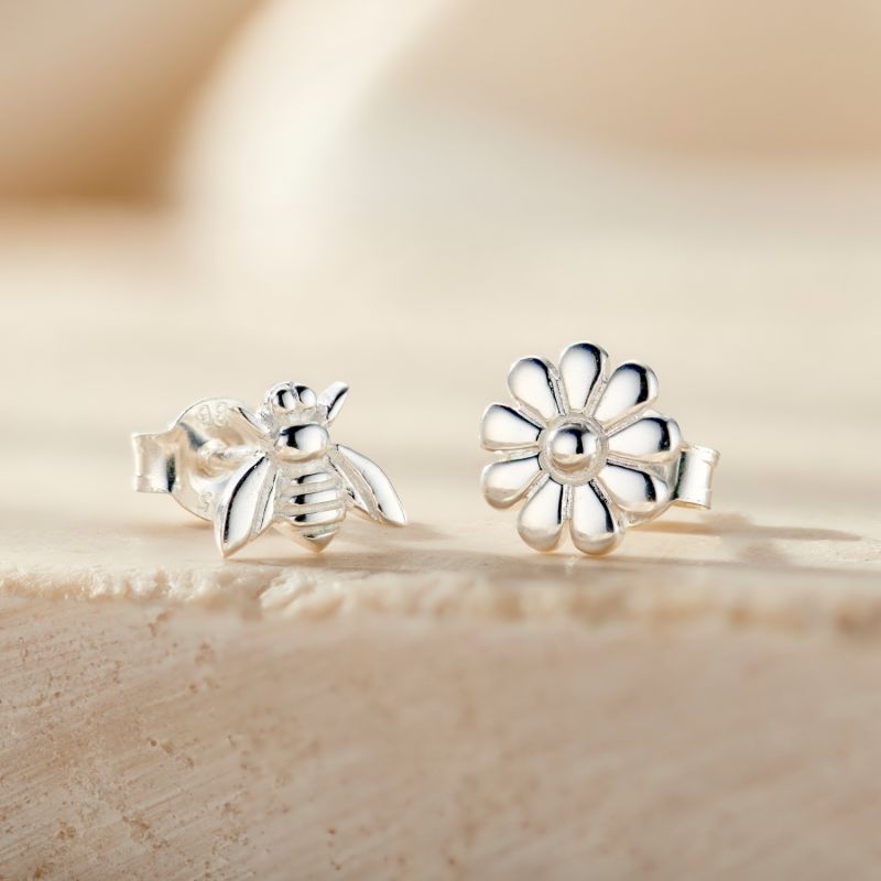 Sterling Silver Flower And Bee Stud Earrings image