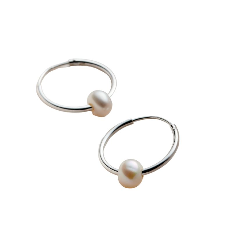 Sterling Silver Pearl Hoop Earrings - 8 mm in the middle main image 1