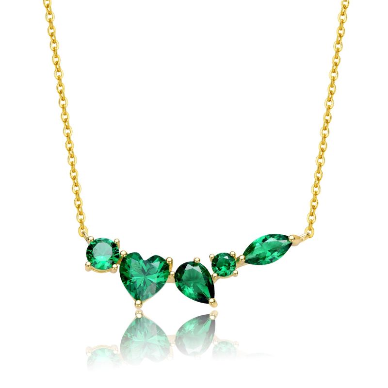 Sterling Silver Yellow  Gold Plated Mixed Cut Emerald Cubic Zirconia Cluster Necklace image
