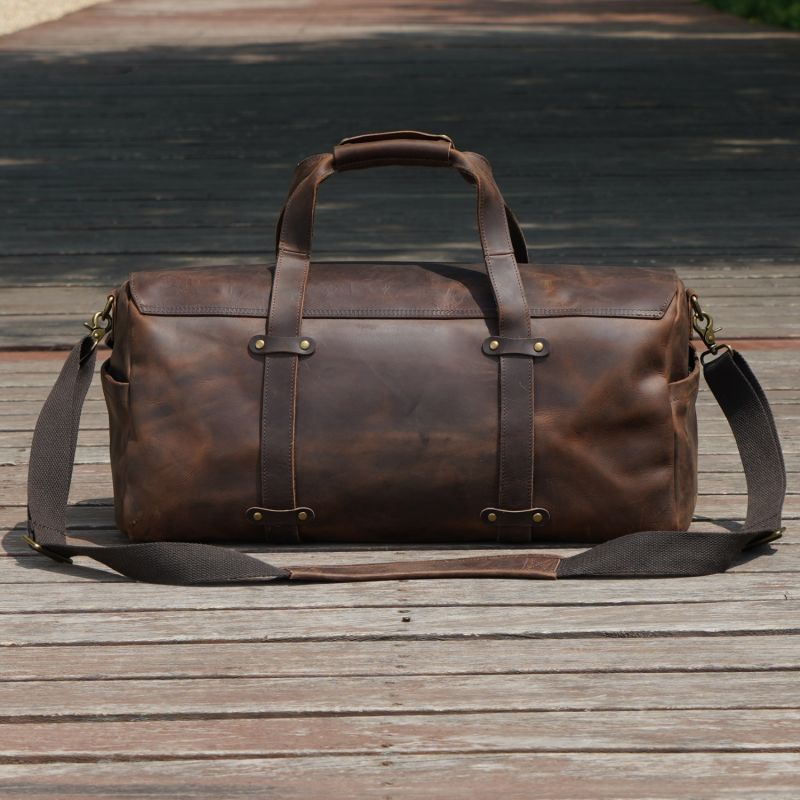 Stitched Detail Genuine Leather Holdall - Dark Brown image