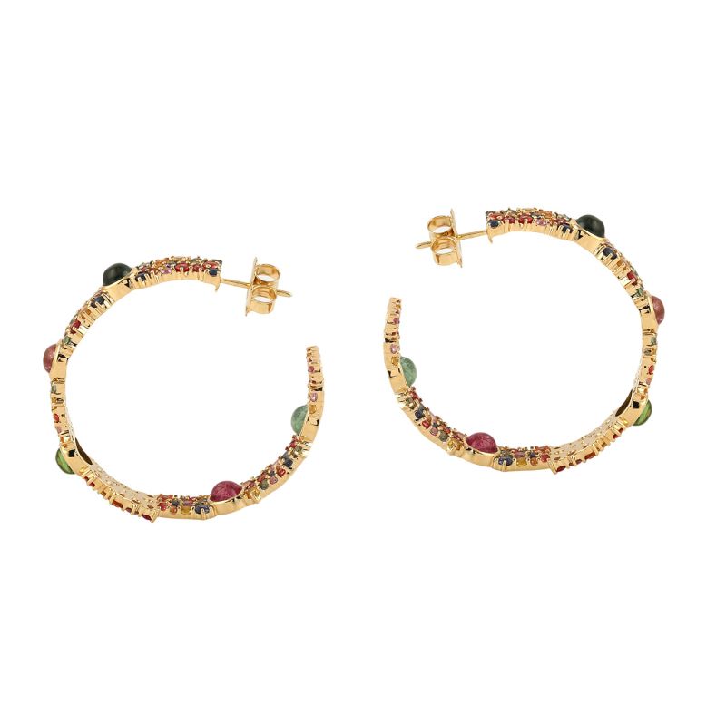 18K Yellow Gold Multi Sapphire Hoop Earrings Women's Jewelry image