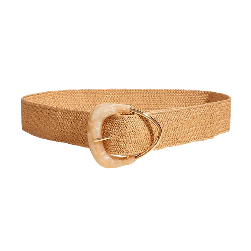 Straw Elastic Belt With Triangle Buckle - Beige image