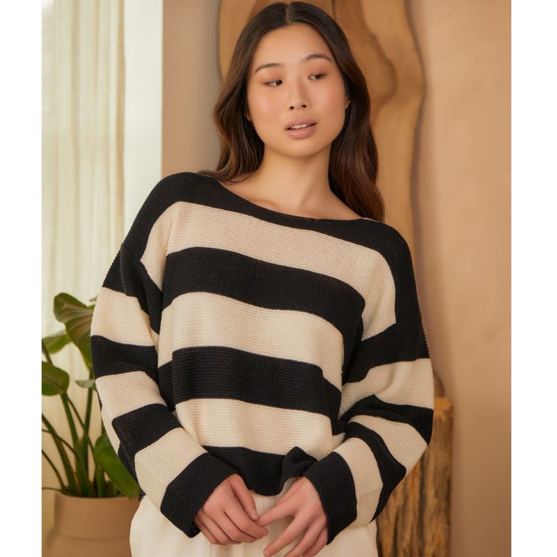 Striped Dropped Shoulder Top Black & White Women image