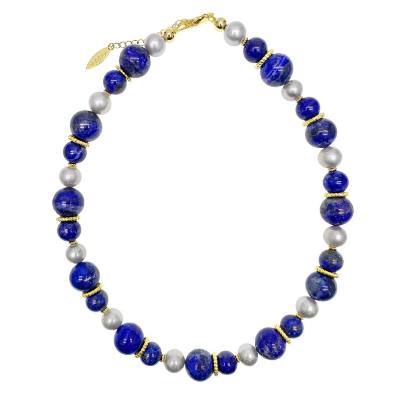 Stunning Lapis With Grey Freshwater Pearls Chunky Necklace image