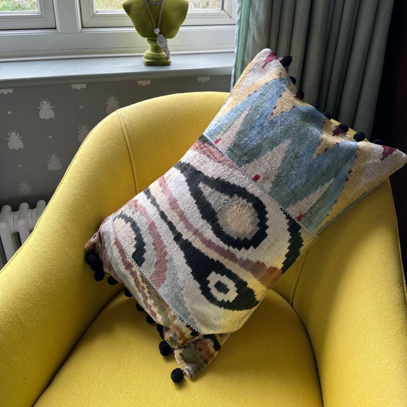 Stunning Patchwork Pom Pom Ikat Cushion image