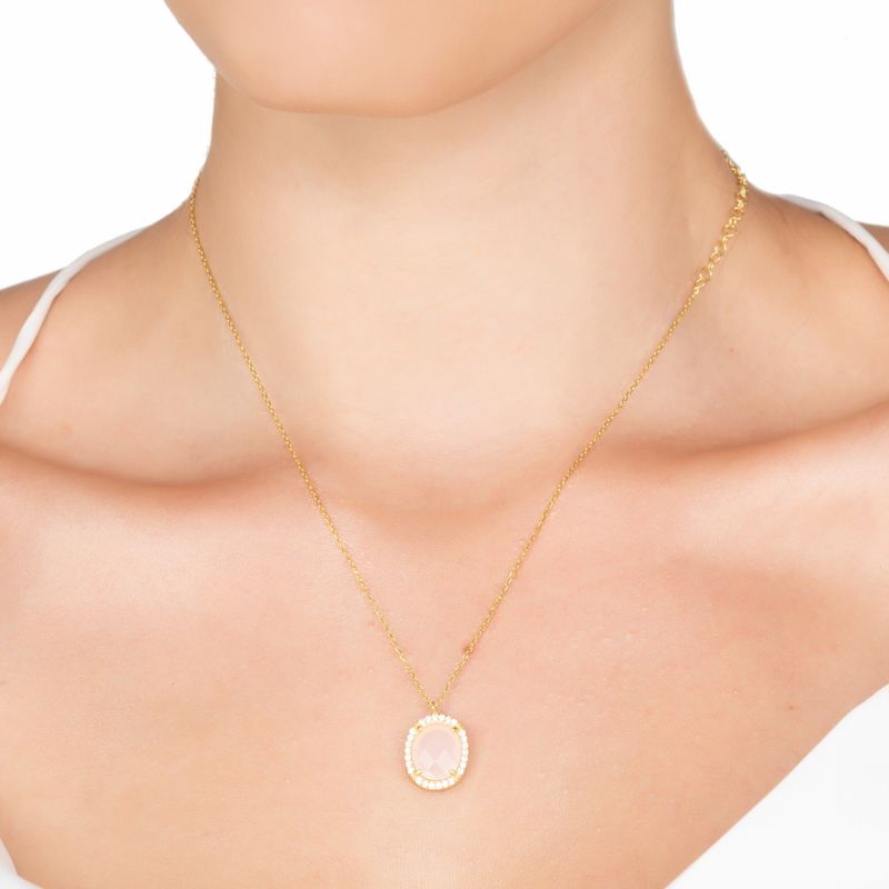 Beatrice Oval Gemstone Pendant Necklace Gold Rose Quartz image
