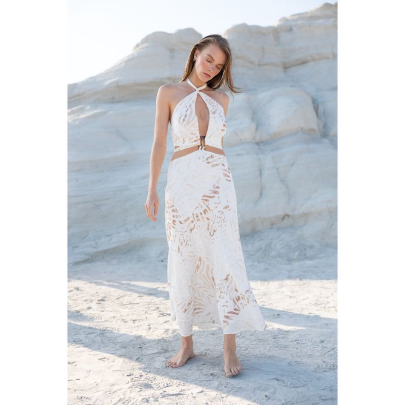 Cut-Out Detail, Linen Blend, Backless, Full Patterned, Maxi Dress With Tie-Neck image