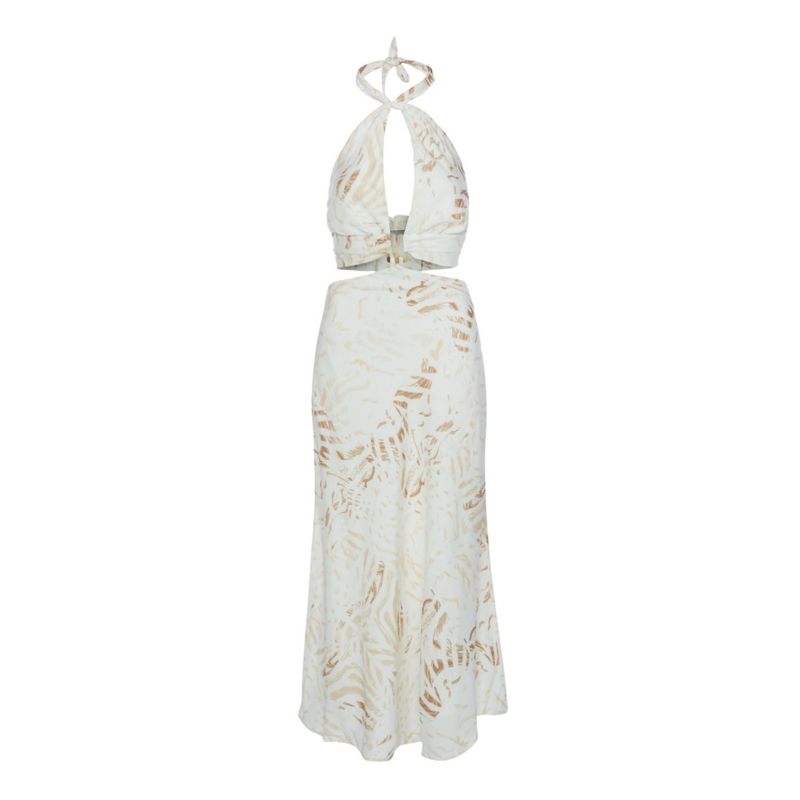 Cut-Out Detail, Linen Blend, Backless, Full Patterned, Maxi Dress With Tie-Neck image