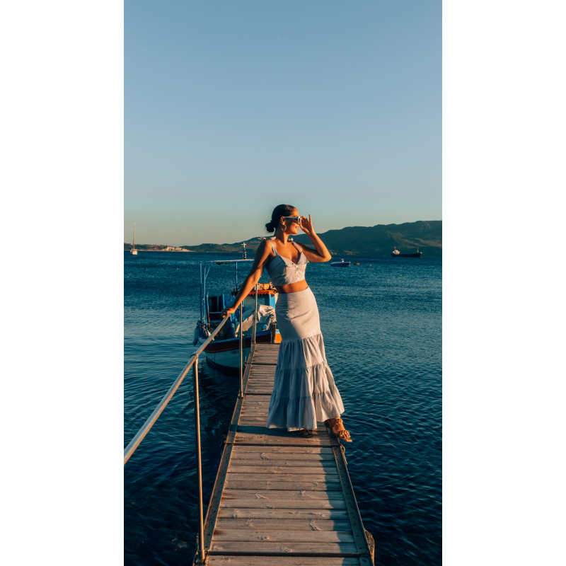 Summer Spinning Crop Top & Maxi Skirt Set In Nautical Blue & White Stripe image