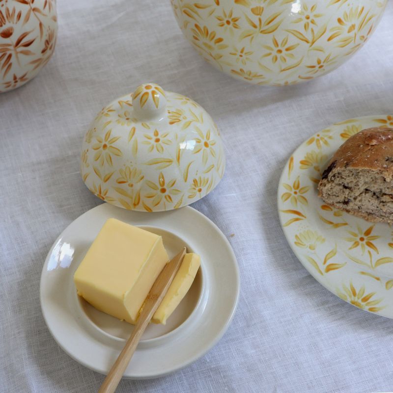 Sunburst Hand Painted Floral Round Butter Jam Dish - Yellow image