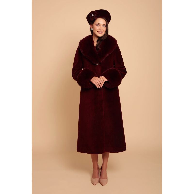 'Sunset Boulevard' Long Wool Coat With Faux Fur Collar In Rosso image