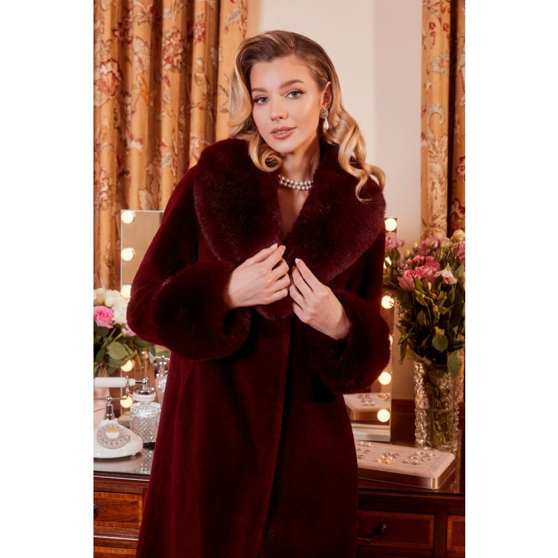 'Sunset Boulevard' Long Wool Coat With Faux Fur Collar In Rosso image