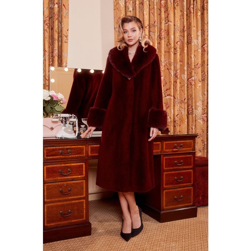 'Sunset Boulevard' Long Wool Coat With Faux Fur Collar In Rosso image