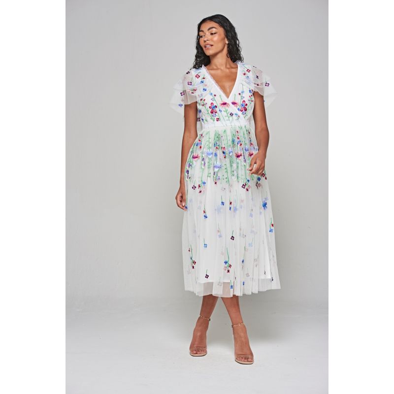 Suzette Floral Embroidered Midi Dress - White image