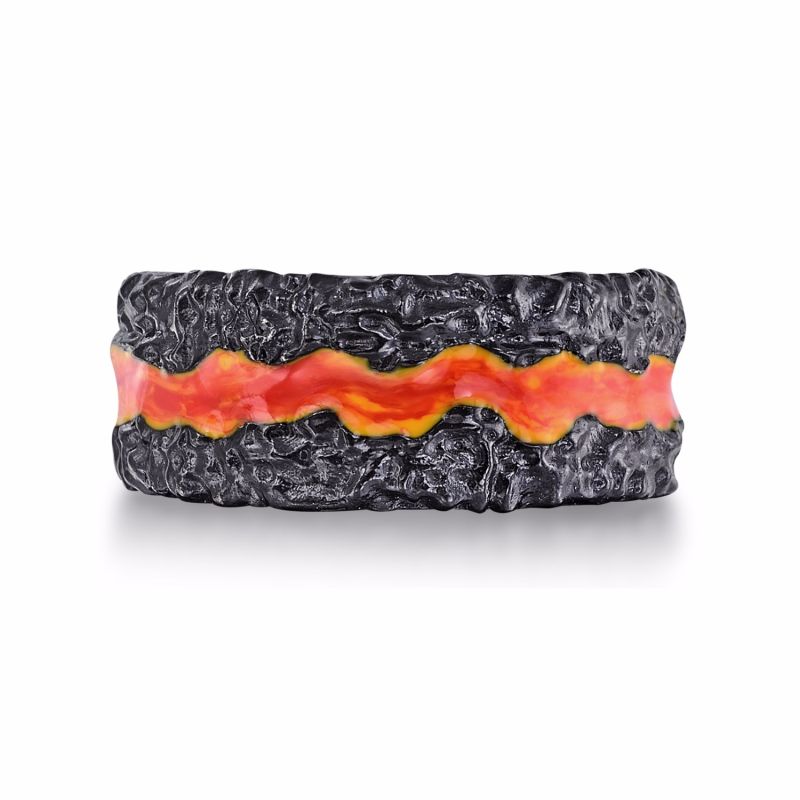 Fire In My Soul Black Rhodium Plated Sterling Silver Textured Red Orange Enamel Band Ring image