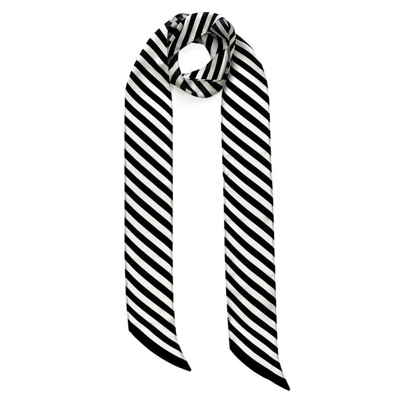 Stripy Silk Neck Scarf Long Black & White image