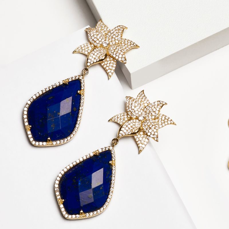 Lotus Flower Lapis Lazuli Teardrop Earrings Gold image