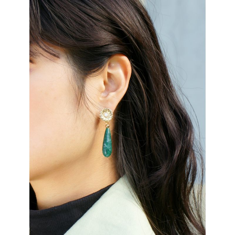Sunflower & Faceted Teardrop Gemstone Earrings - Green image