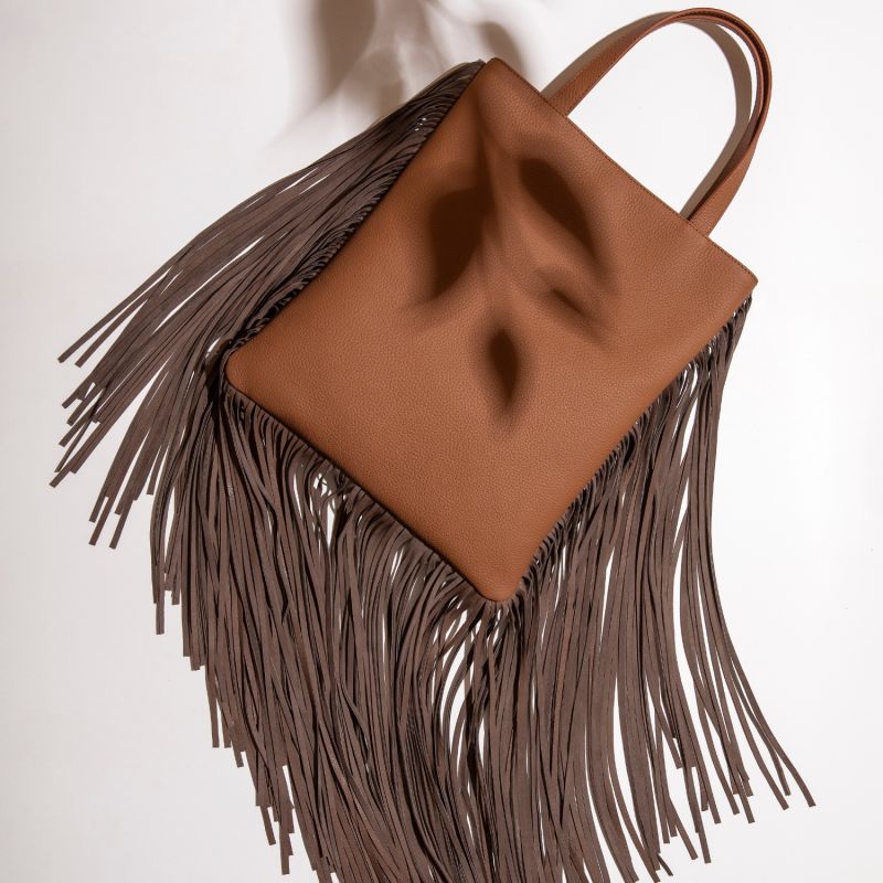 Brown Pebbled Calfskin Tote With Suede Fringes image