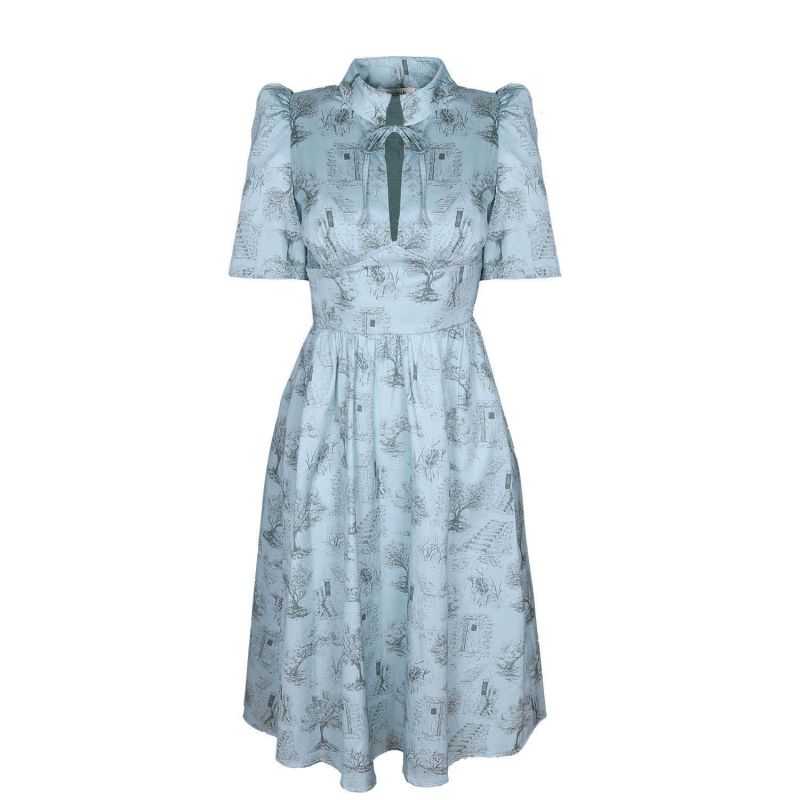 Naomi High Neck Dress In Cottage Blue & Pewter Green Lightweight Cotton image