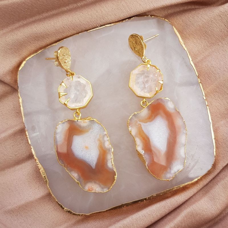 'Hold On' Rose Quartz Agate Gemstone Gold Statement Earrings image