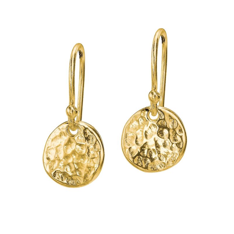 18Ct Yellow Gold Vermeil 10Mm Hammered Disc Drop Earrings image