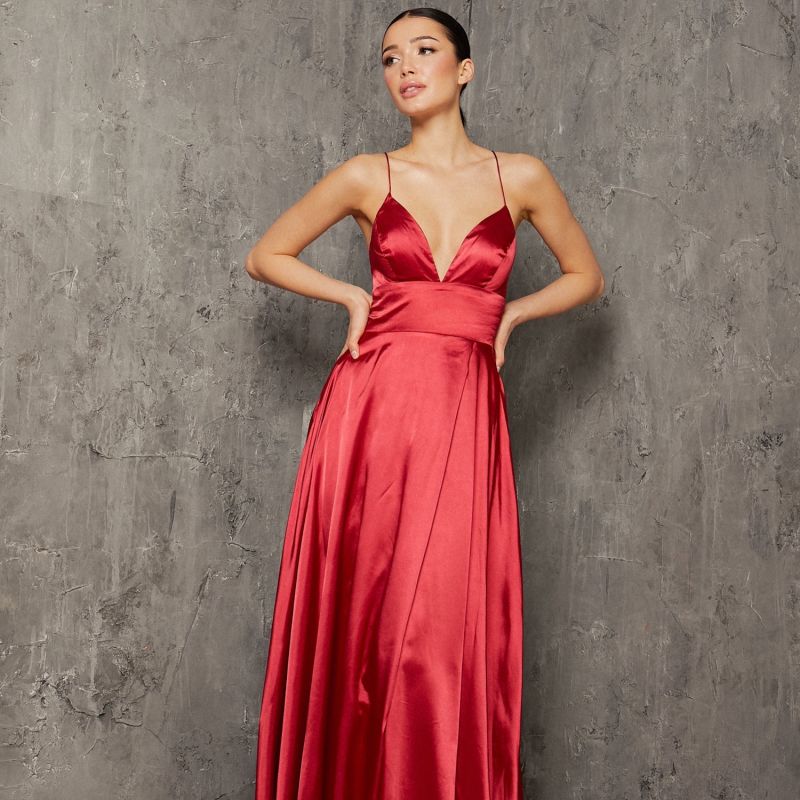 Olivia Satin Evening Gown In Red image