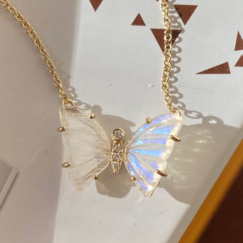 Moonstone Butterfly Necklace With Diamonds & Prongs image