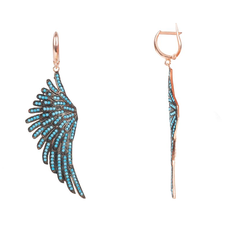 Angel Wing Drop Earrings Rosegold Turquoise Blue image