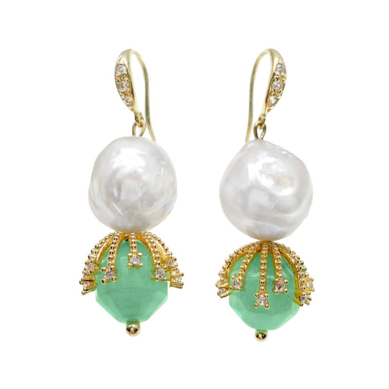 Irregular Freshwater Pearls With Green Aventurine Stones Jade Dangle Earrings image