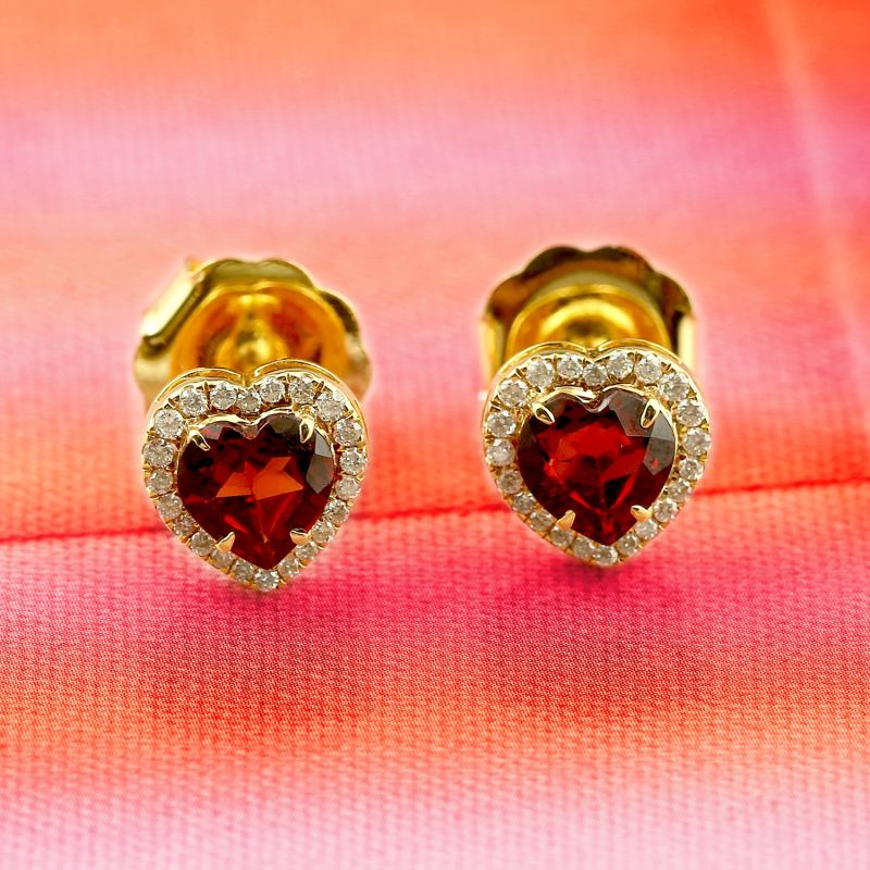 Yellow Gold Pave Diamond Heart Stud Earrings Garnet Gemstone image