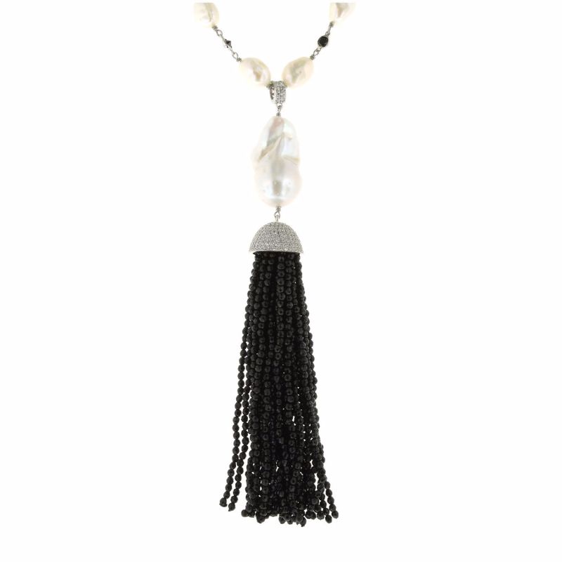 White Pearl & Onyx Tassel Necklace image
