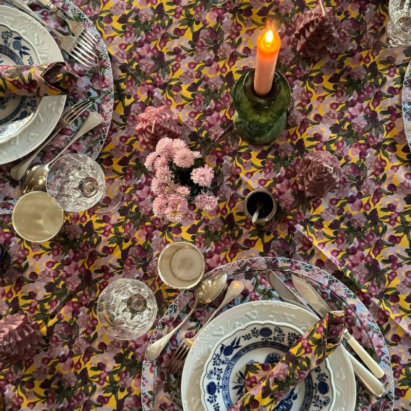 Square Tablecloth In Romantic Pink Cherry Blossom Flower Print On Yellow image