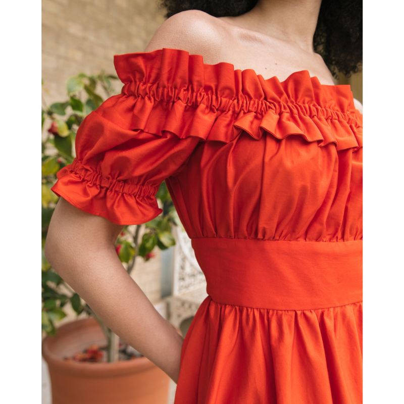 The Tamsin Bardot Ruffle Pocket Midi Dress In Sunset Orange image