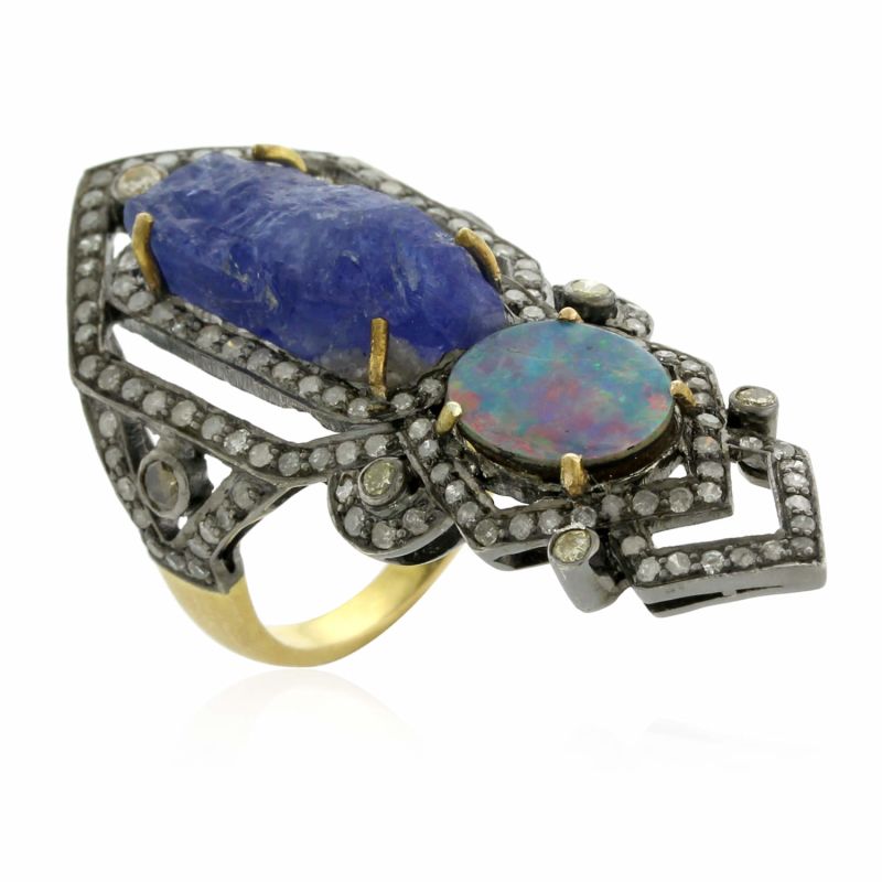 Tanzanite & Doublet Opal Knuckle Ring With Pave Diamonds In 18K Gold & Silver image