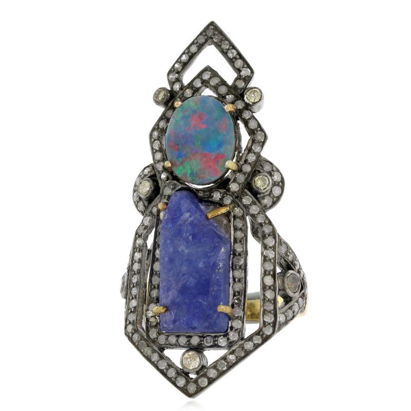 Tanzanite & Doublet Opal Knuckle Ring With Pave Diamonds In 18K Gold & Silver image