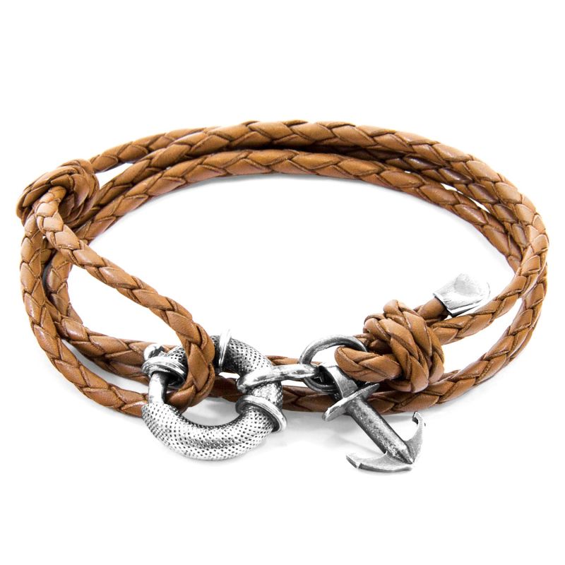 Light Brown Clyde Anchor Silver & Braided Leather Bracelet image