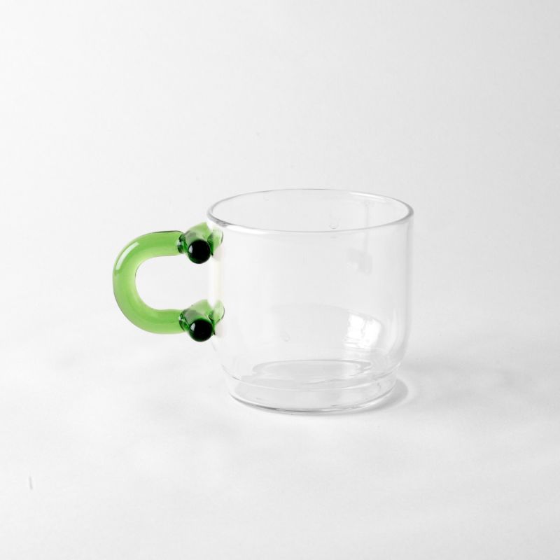 "Tea Time" Coffee & Tea Glass Cup  With Ring-Shaped Handle - Green image