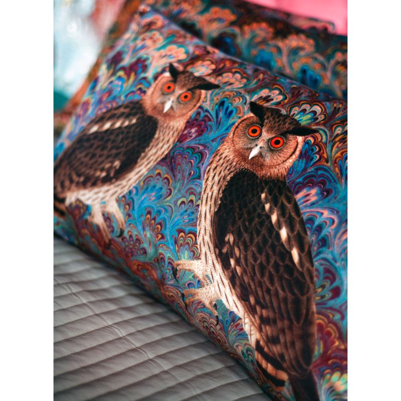 Teal Twin Eagle Owl Velvet Cushion image