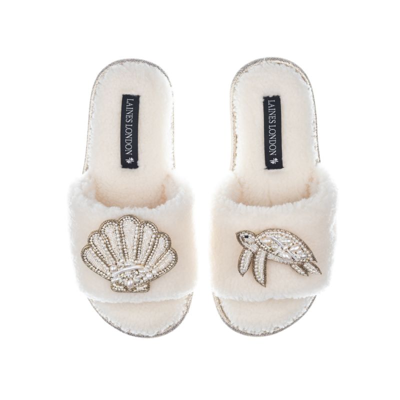 Teddy Toweling Slipper Sliders With Beaded Shell & Turtle Brooches - Cream image