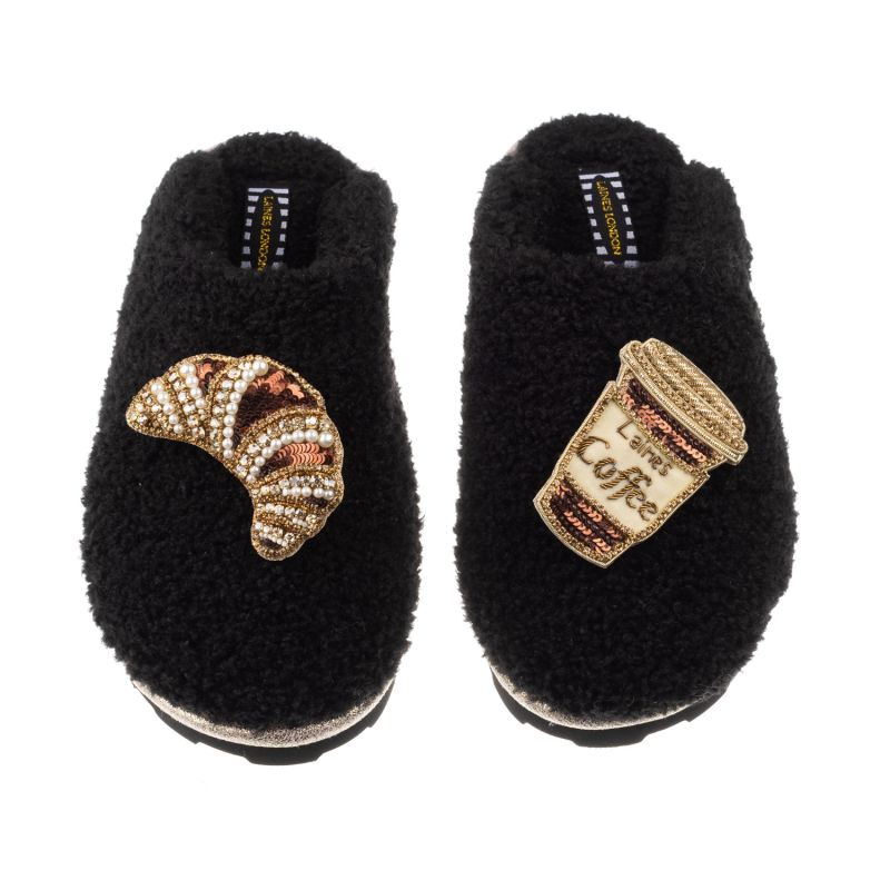 Teddy Towelling Closed Toe Slippers With Coffee & Croissant Brooches - Black image