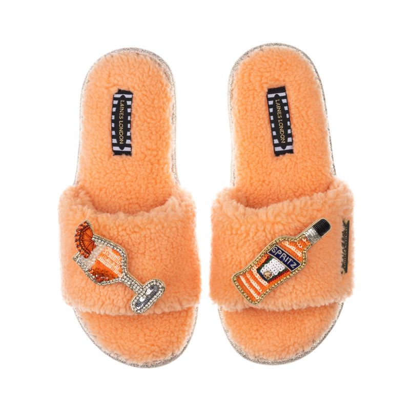 Teddy Towelling Slipper Sliders With Artisan Summer Spritz Brooches - Coral Orange image