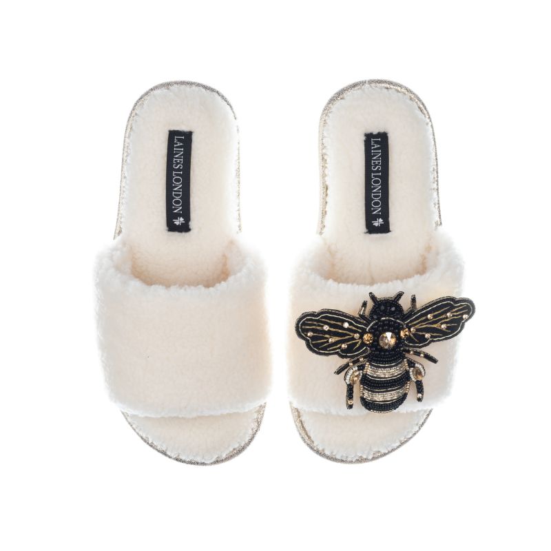 Teddy Towelling Slipper Sliders With Black & Gold Bee Brooch - Cream image