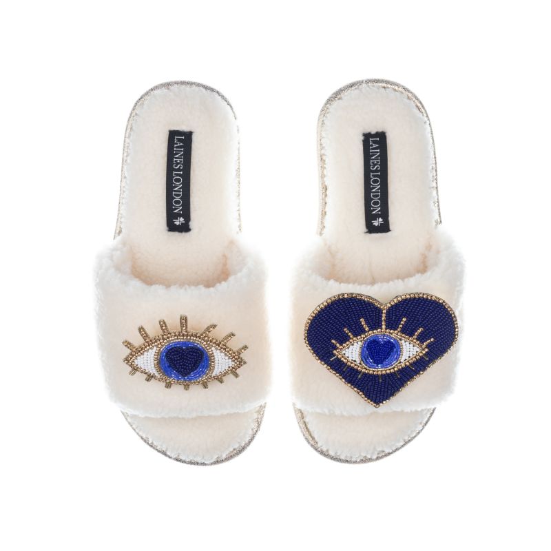 Teddy Towelling Slipper Sliders With Double Blue & Gold Eyes Brooches - Cream image