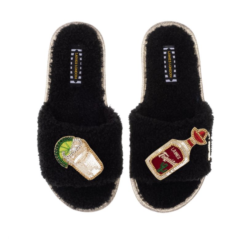 Teddy Towelling Slipper Sliders With Tequila Slammer Brooches - Black image