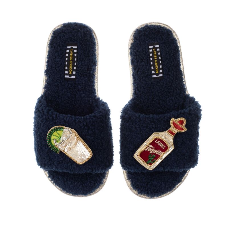 Teddy Towelling Slipper Sliders With Tequila Slammer Brooches - Navy image