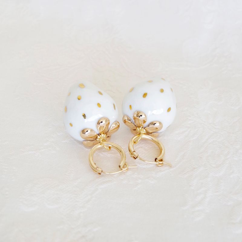 Golden White Porcelain Strawberry Earrings image