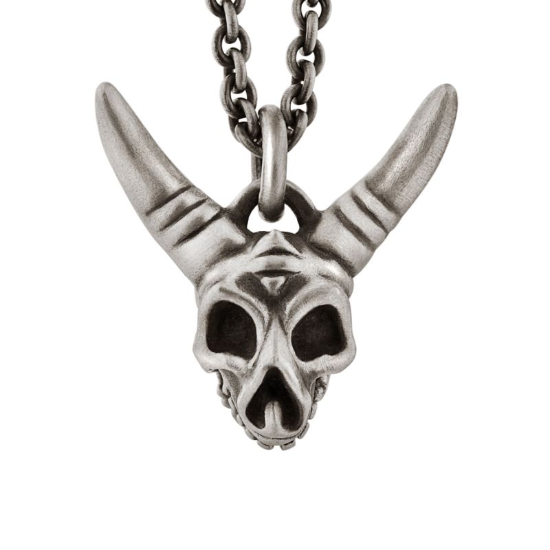 Horned Skull Pendant With Hinged Jaw In Silver image