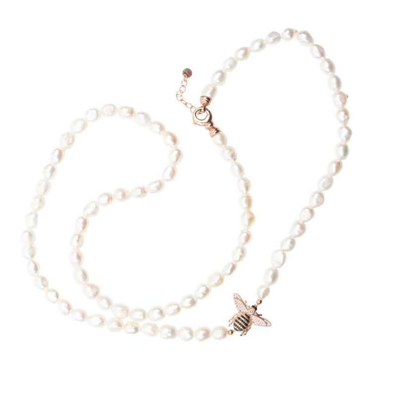 Honey Bee Pearl Gemstone Long Necklace Rosegold image